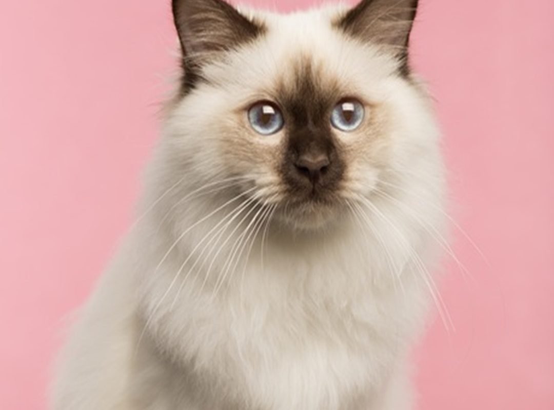 Close-up of a Birman cat on a pink background